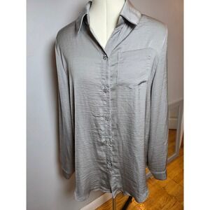Alex & Lili Grey Satin Button Down Shirt Rhinestone Buttons Minimalist Large